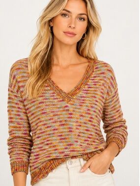 Peacocks Multicolor Space Dye V Neck Knit Sweater Boho Medium